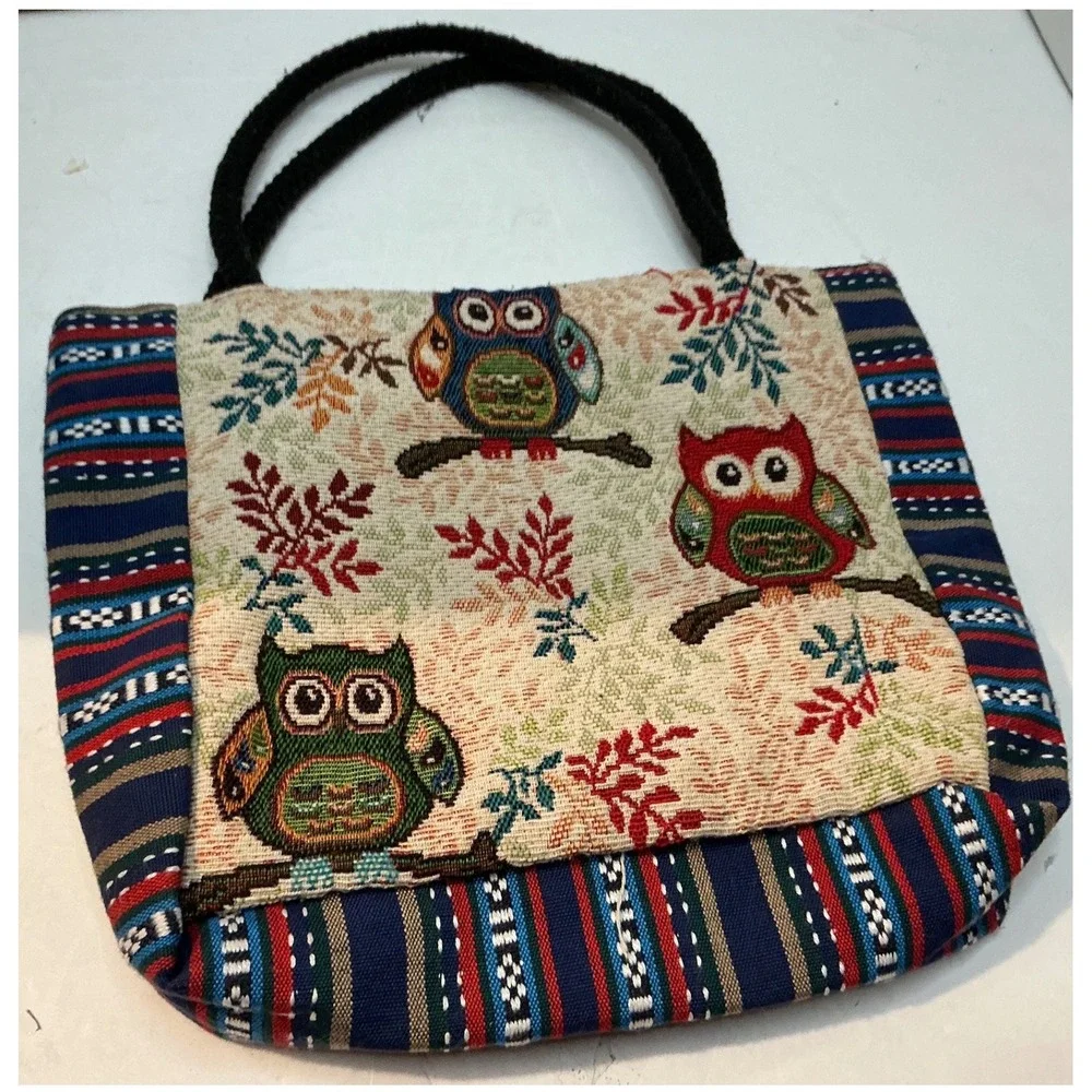 Vintage Owl Tapestry Tote Bag Boho Striped Woven Handbag Small
